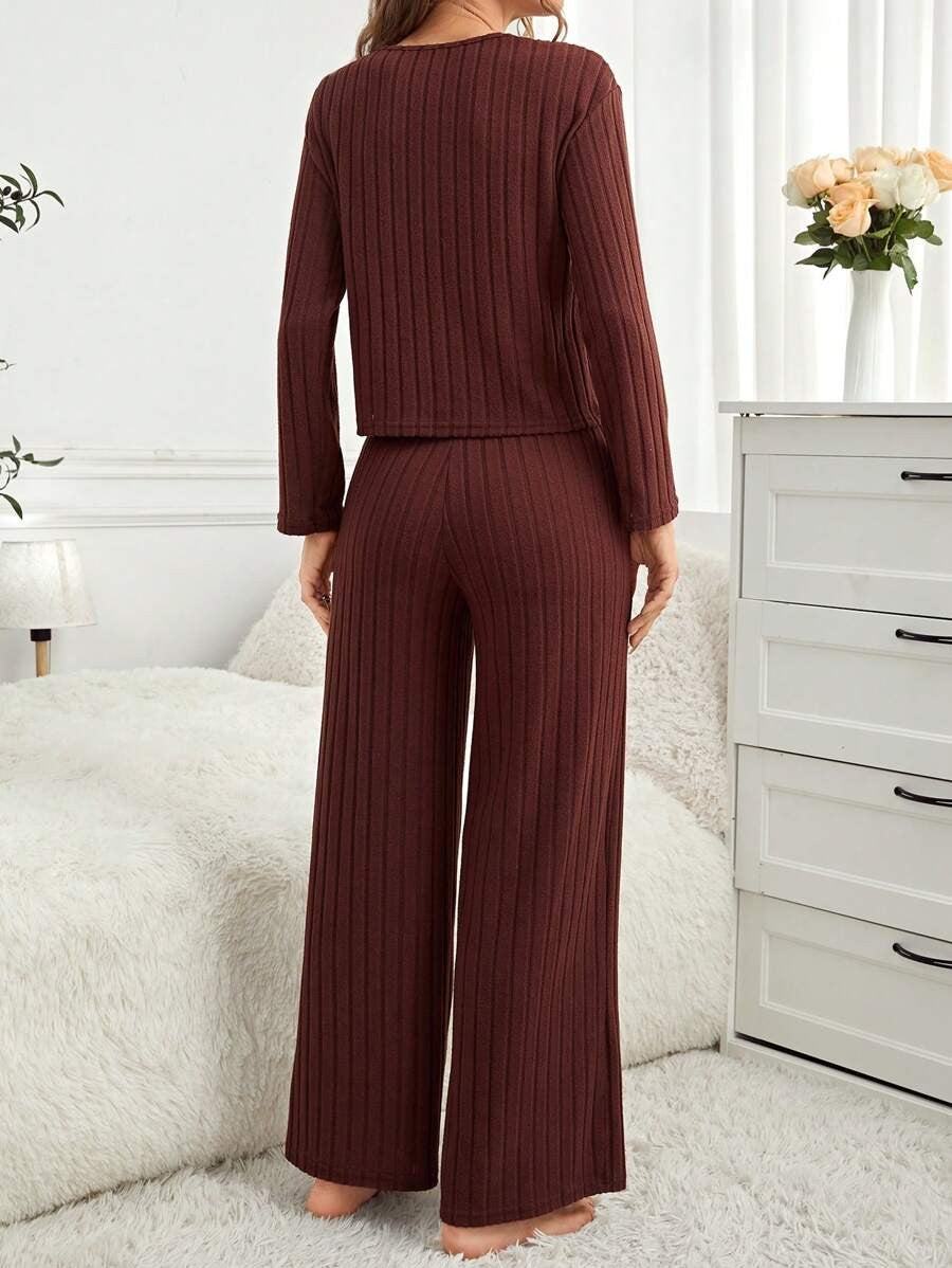 Women's Ribbed Lounge Set, Maroon Crew Neck Long Sleeve Top and Wide Leg Pants, Maroon, view 3