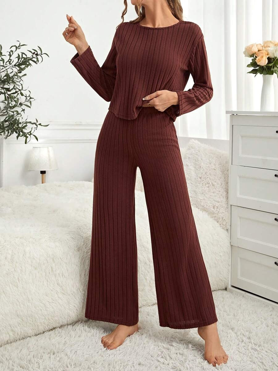 Women's Ribbed Lounge Set, Maroon Crew Neck Long Sleeve Top and Wide Leg Pants, Maroon, view 4