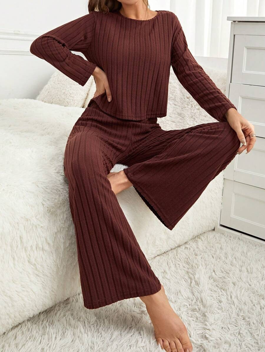 Women's Ribbed Lounge Set, Maroon Crew Neck Long Sleeve Top and Wide Leg Pants, Maroon, view 5
