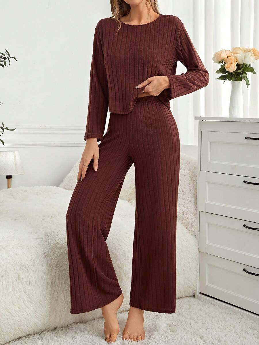 Women's Ribbed Lounge Set, Maroon Crew Neck Long Sleeve Top and Wide Leg Pants, Maroon, view 6