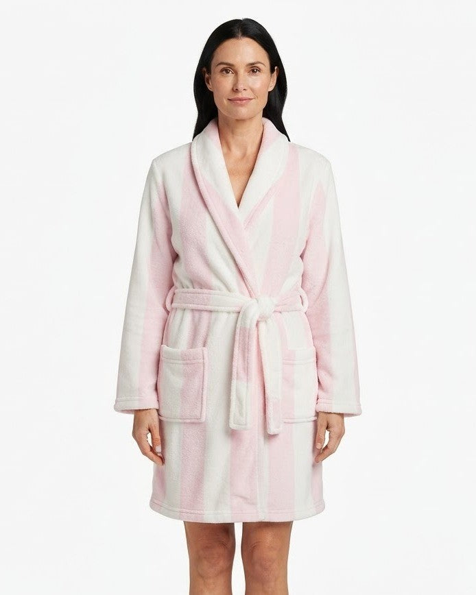 Women's Short Plush Robe, Pink and White Striped Fleece Bathrobe with Shawl Collar, Belt and Pockets, Pink/White