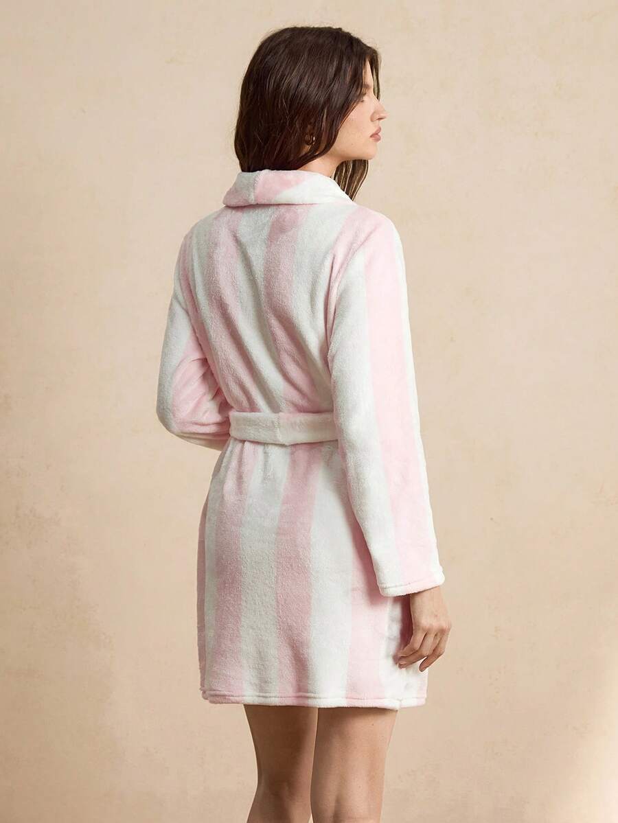 Women's Short Plush Robe, Pink and White Striped Fleece Bathrobe with Shawl Collar, Belt and Pockets, Pink/White, view 2