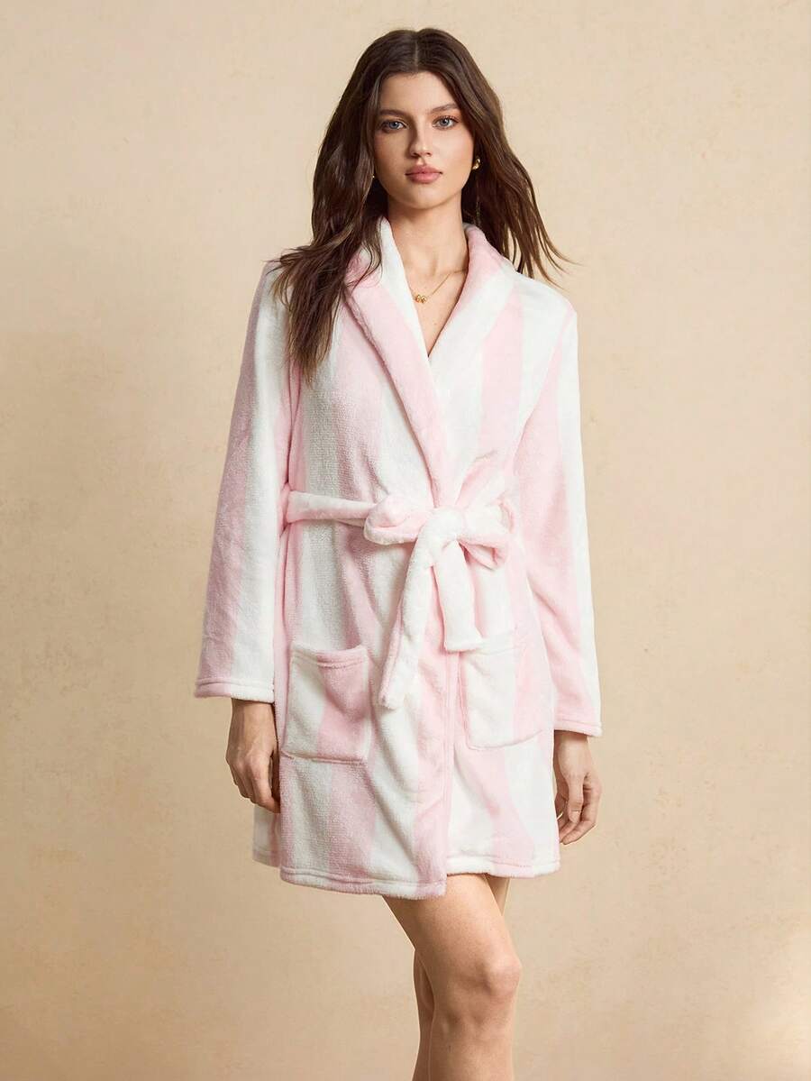 Women's Short Plush Robe, Pink and White Striped Fleece Bathrobe with Shawl Collar, Belt and Pockets, Pink/White, view 3