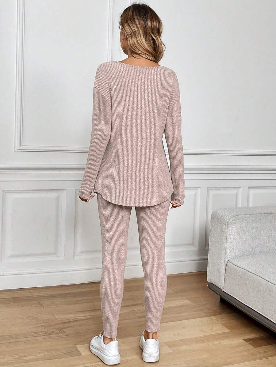 Women's Thermal Pajama Set, Ribbed Knit V-Neck Long Sleeve Top and Leggings, Dusty Pink, view 2