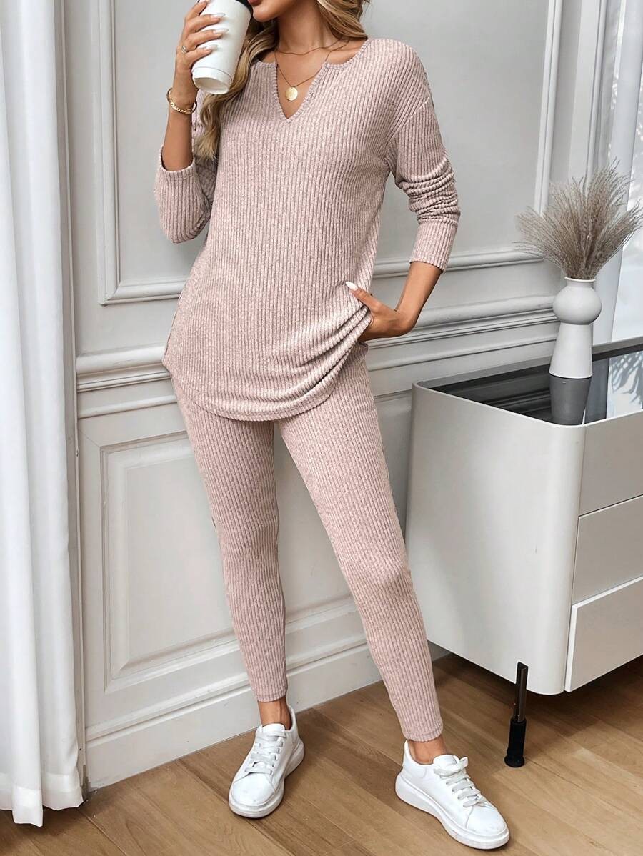 Women's Thermal Pajama Set, Ribbed Knit V-Neck Long Sleeve Top and Leggings, Dusty Pink, view 3