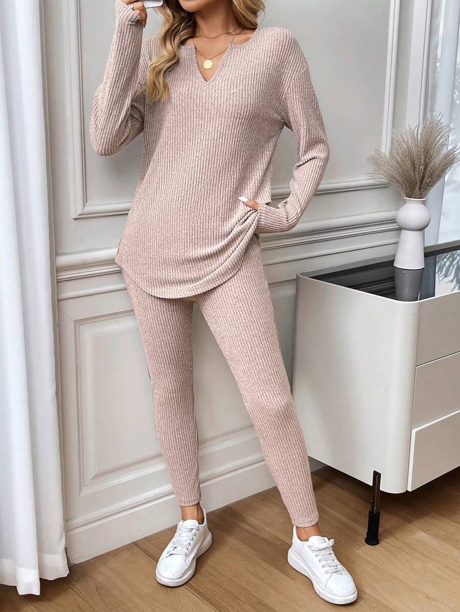 Women's Thermal Pajama Set, Ribbed Knit V-Neck Long Sleeve Top and Leggings, Dusty Pink, view 6