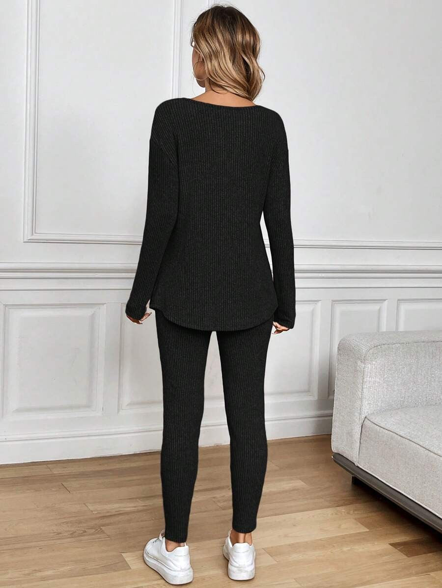 Women's Thermal Pajama Set, Ribbed Knit V-Neck Long Sleeve Top and Leggings, Black, view 8