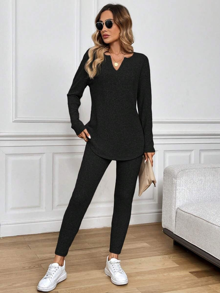 Women's Thermal Pajama Set, Ribbed Knit V-Neck Long Sleeve Top and Leggings, Black, view 12