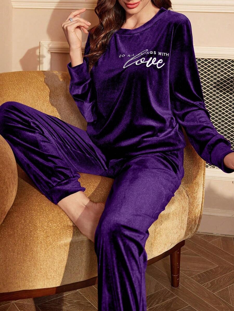 Women's Velour Lounge Set, Crew Neck Long Sleeve Top with Love Embroidery and Jogger Pants, Purple