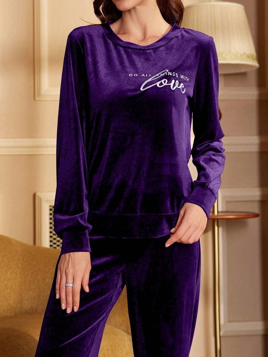 Women's Velour Lounge Set, Crew Neck Long Sleeve Top with Love Embroidery and Jogger Pants, Purple, view 4