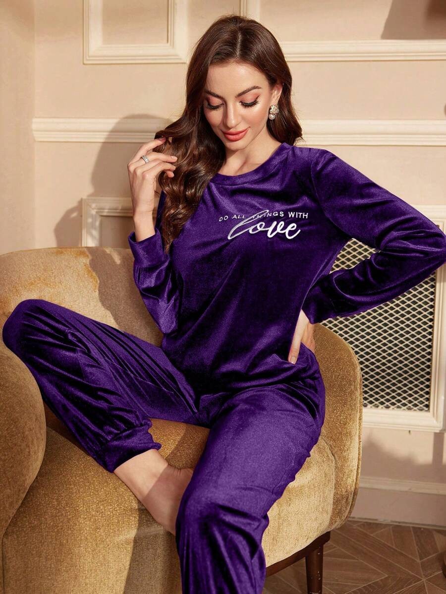 Women's Velour Lounge Set, Crew Neck Long Sleeve Top with Love Embroidery and Jogger Pants, Purple, view 6