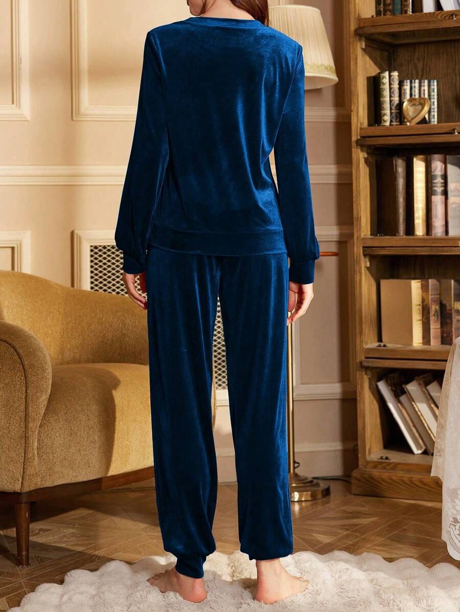 Women's Velour Lounge Set, Crew Neck Long Sleeve Top with Love Embroidery and Jogger Pants, Blue, view 8