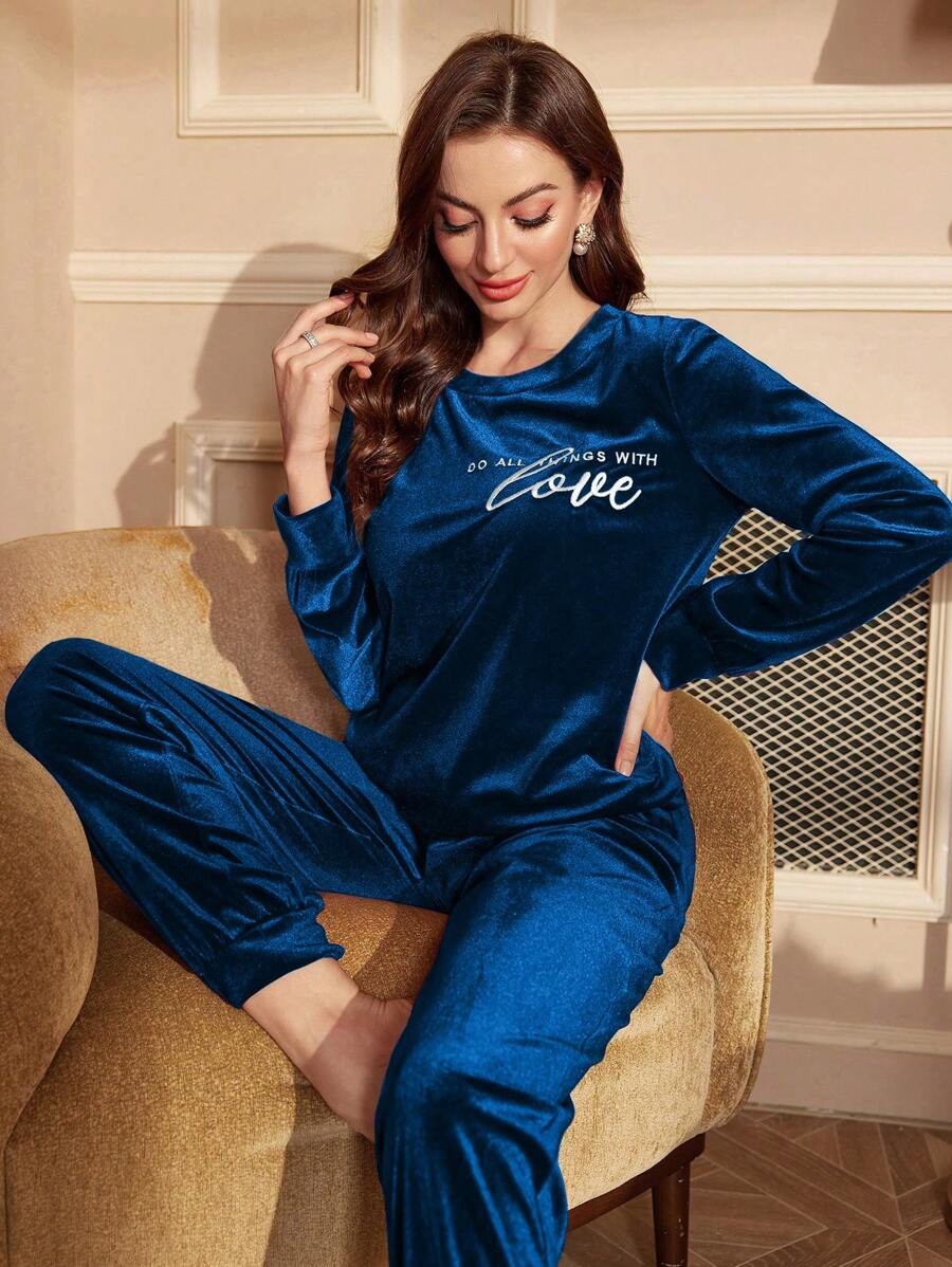 Women's Velour Lounge Set, Crew Neck Long Sleeve Top with Love Embroidery and Jogger Pants, Blue, view 9