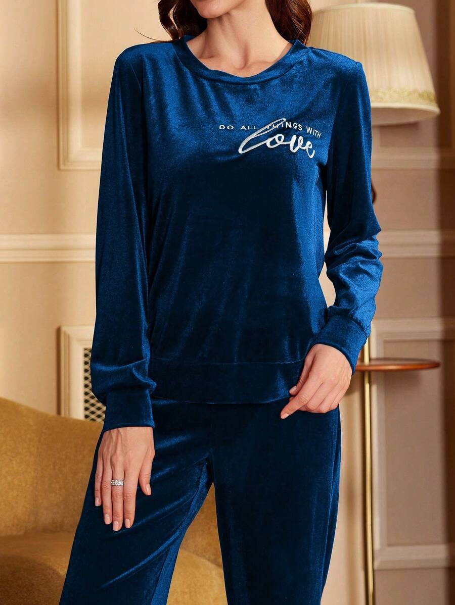 Women's Velour Lounge Set, Crew Neck Long Sleeve Top with Love Embroidery and Jogger Pants, Blue, view 10