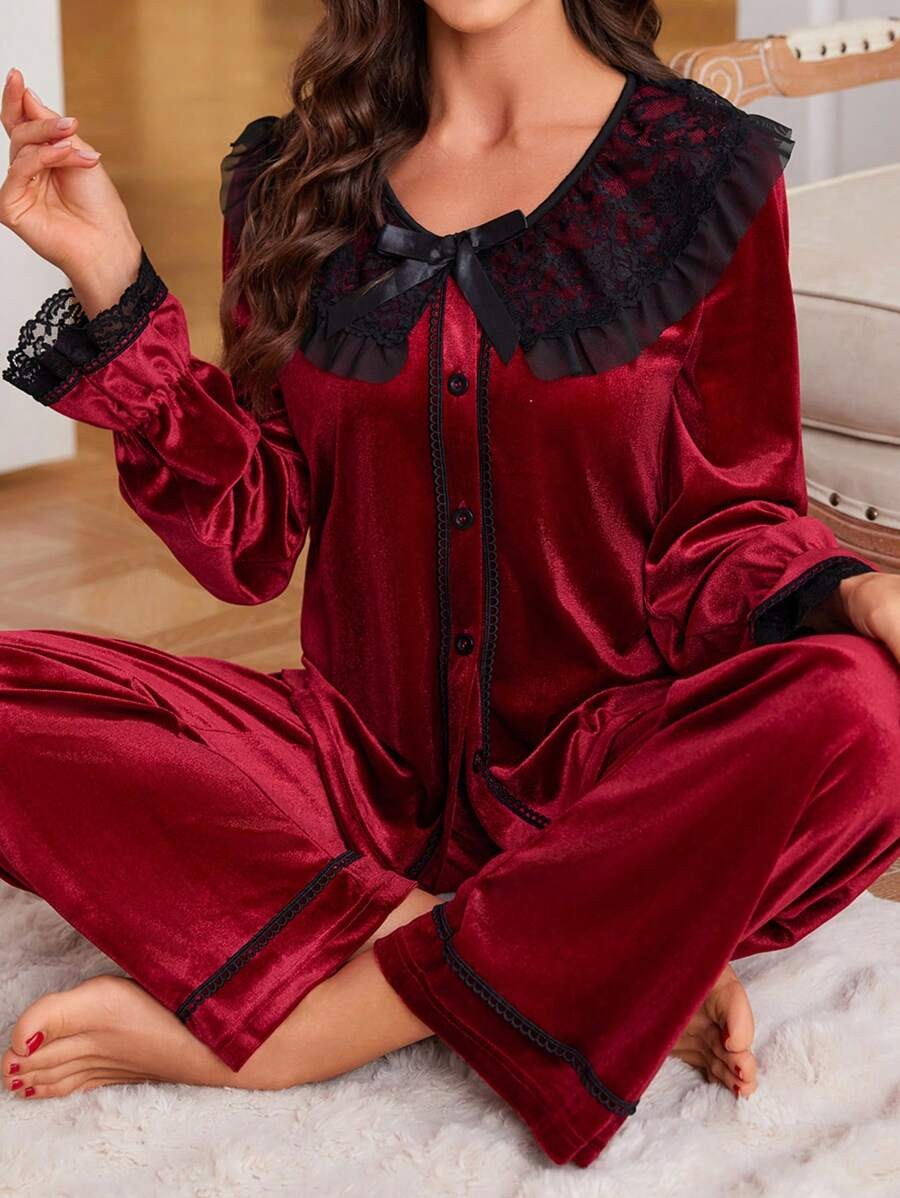 Women's Velvet Pajama Set, Burgundy Button Front Top with Black Lace Collar and Wide Leg Pants, Burgundy
