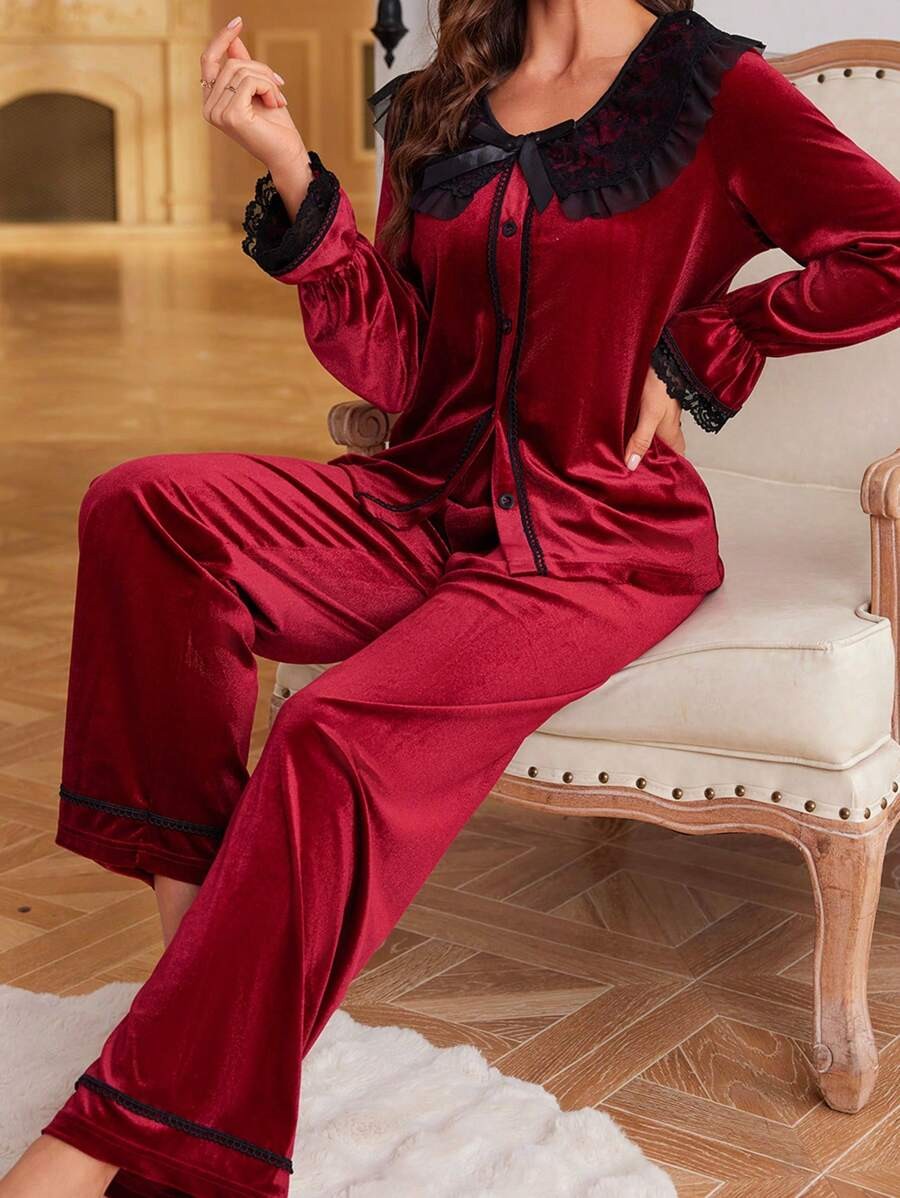 Women's Velvet Pajama Set, Burgundy Button Front Top with Black Lace Collar and Wide Leg Pants, Burgundy, view 3