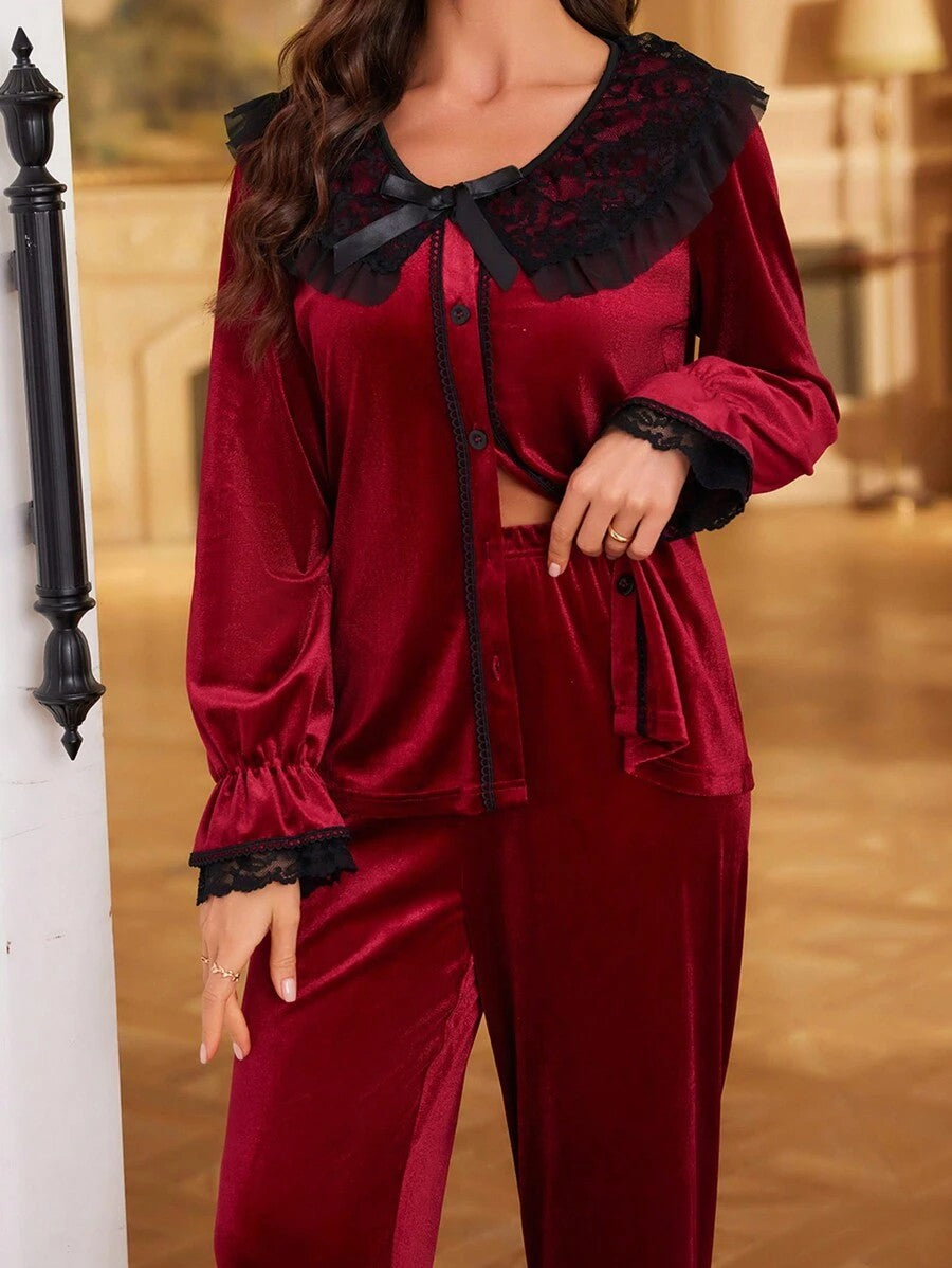 Women's Velvet Pajama Set, Burgundy Button Front Top with Black Lace Collar and Wide Leg Pants, Burgundy, view 4