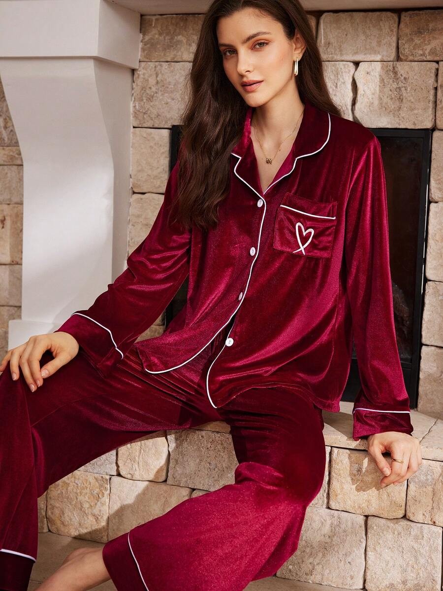Women's Velvet Pajama Set, Burgundy Piped Button-Down Top with Heart Pocket and Wide Leg Pants, Burgundy, view 2