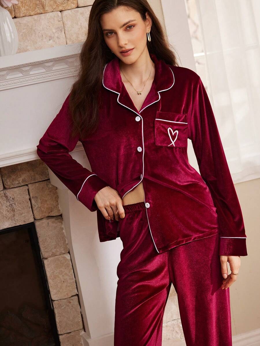Women's Velvet Pajama Set, Burgundy Piped Button-Down Top with Heart Pocket and Wide Leg Pants, Burgundy, view 6