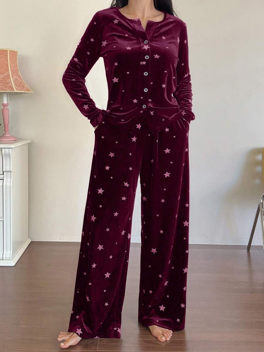 Women's Velvet Pajama Set, Burgundy Star Print Button Front Top and Wide Leg Pants with Pockets, Burgundy