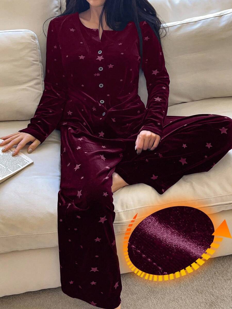 Women's Velvet Pajama Set, Burgundy Star Print Button Front Top and Wide Leg Pants with Pockets, Burgundy, view 2