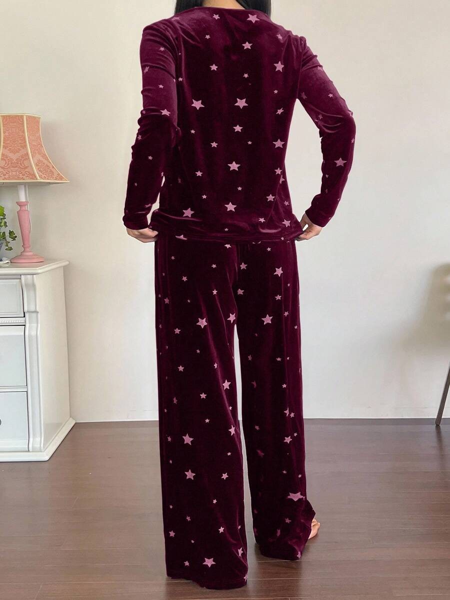 Women's Velvet Pajama Set, Burgundy Star Print Button Front Top and Wide Leg Pants with Pockets, Burgundy, view 3