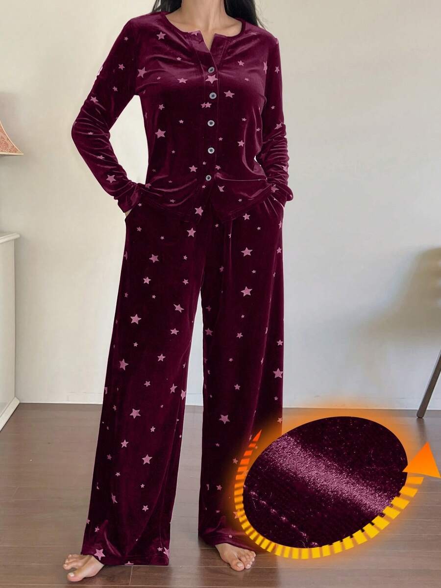 Women's Velvet Pajama Set, Burgundy Star Print Button Front Top and Wide Leg Pants with Pockets, Burgundy, view 4
