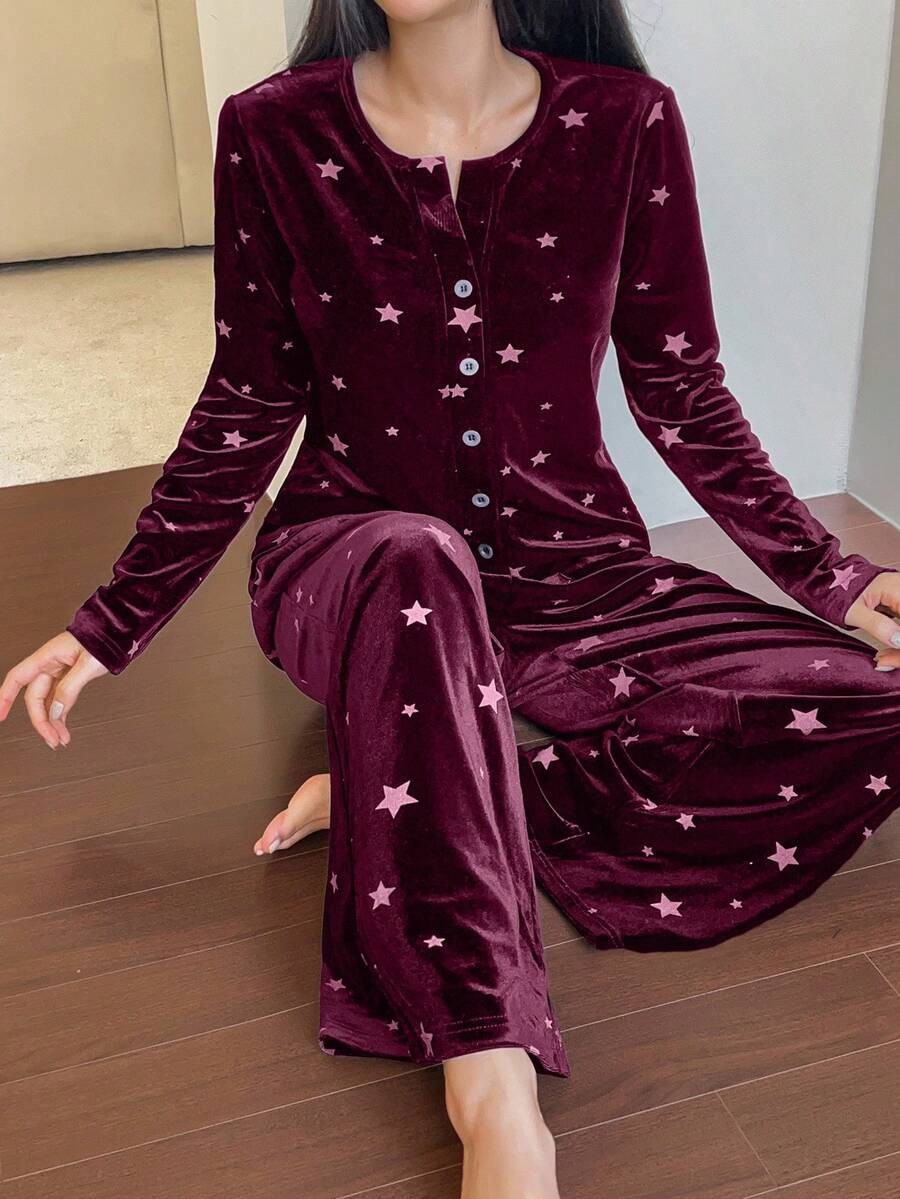 Women's Velvet Pajama Set, Burgundy Star Print Button Front Top and Wide Leg Pants with Pockets, Burgundy, view 5