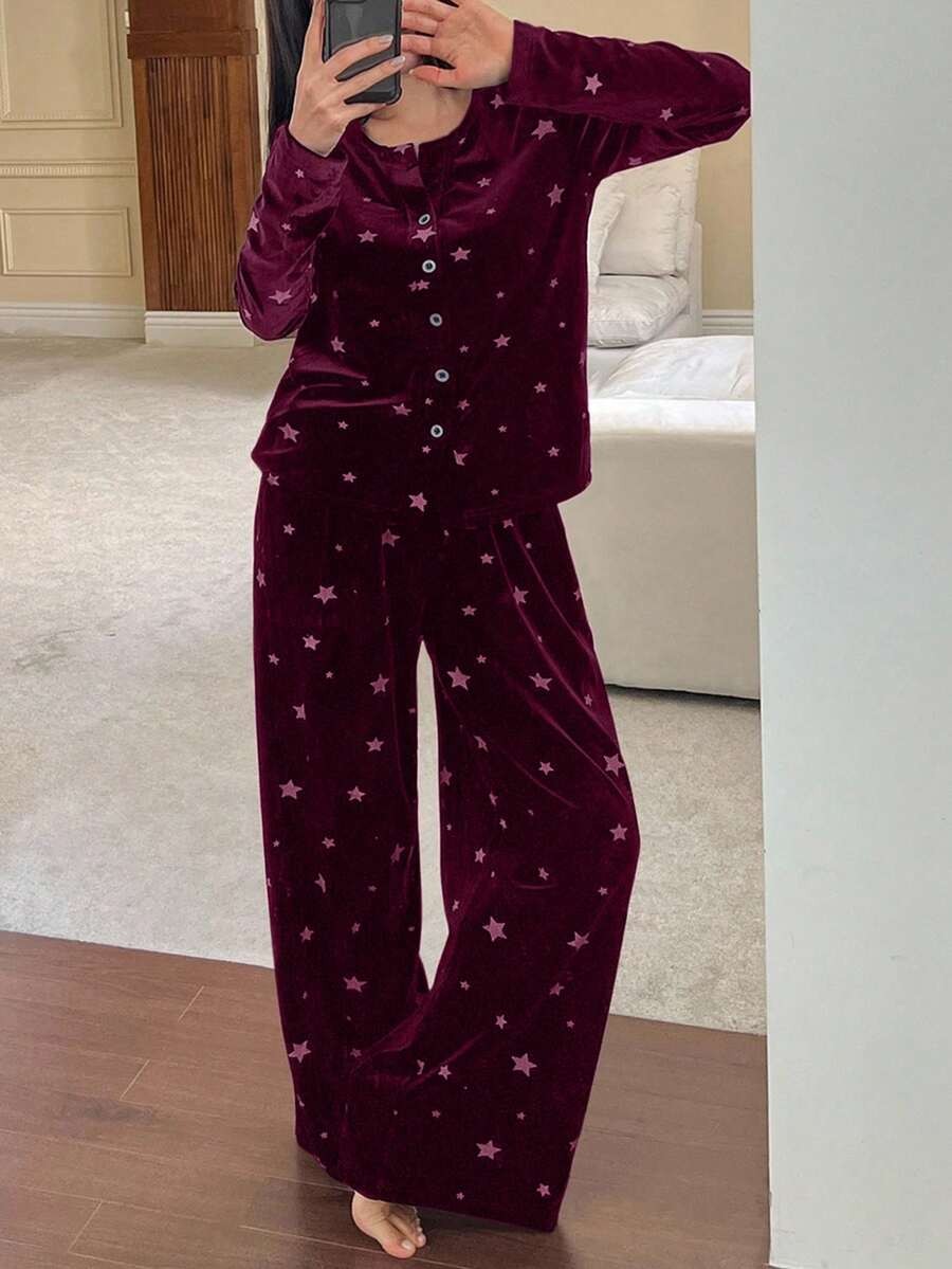 Women's Velvet Pajama Set, Burgundy Star Print Button Front Top and Wide Leg Pants with Pockets, Burgundy, view 6