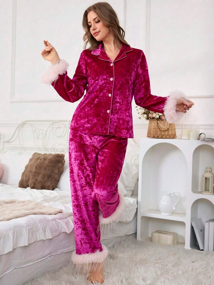 Women's Velvet Pajama Set, Hot Pink Button-Down Top and Wide Leg Pants with Fluffy Trim, Hot Pink