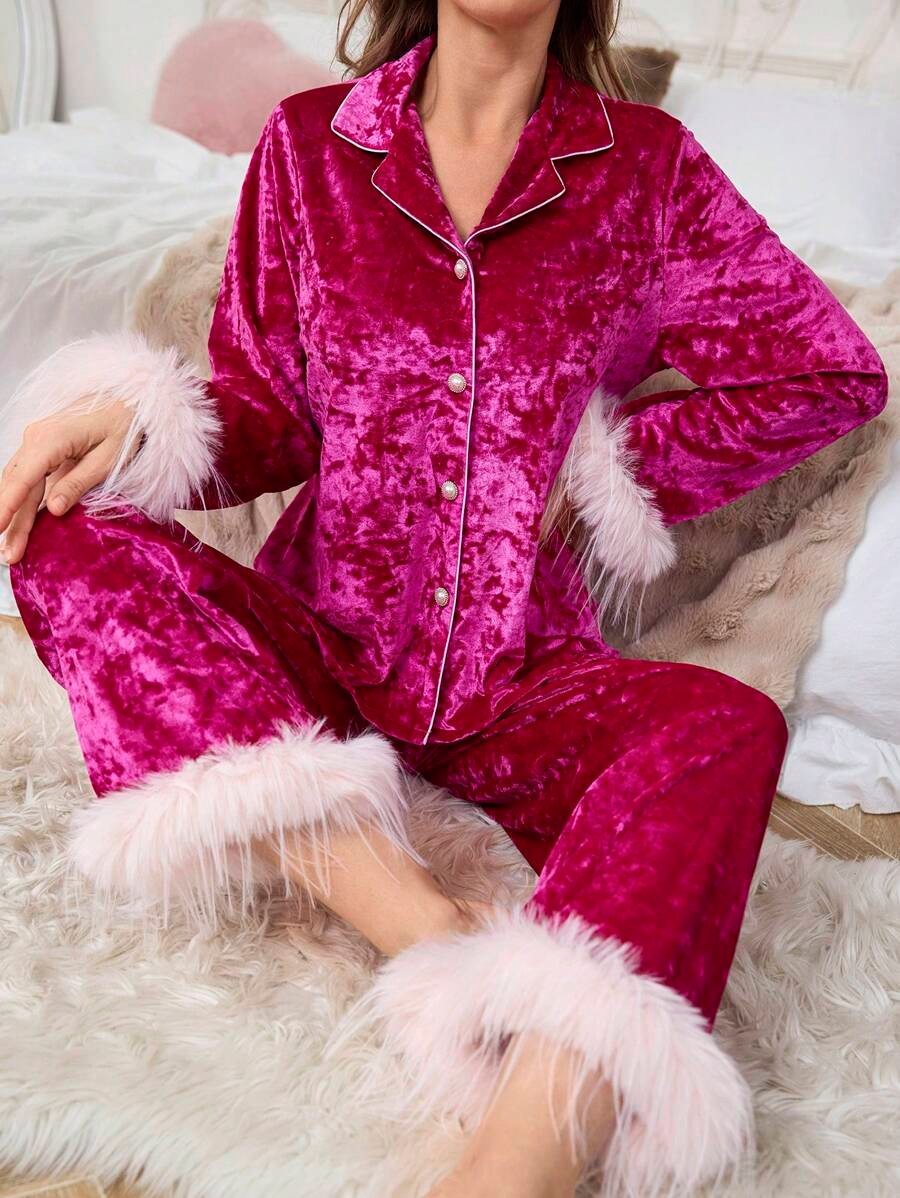 Women's Velvet Pajama Set, Hot Pink Button-Down Top and Wide Leg Pants with Fluffy Trim, Hot Pink, view 2