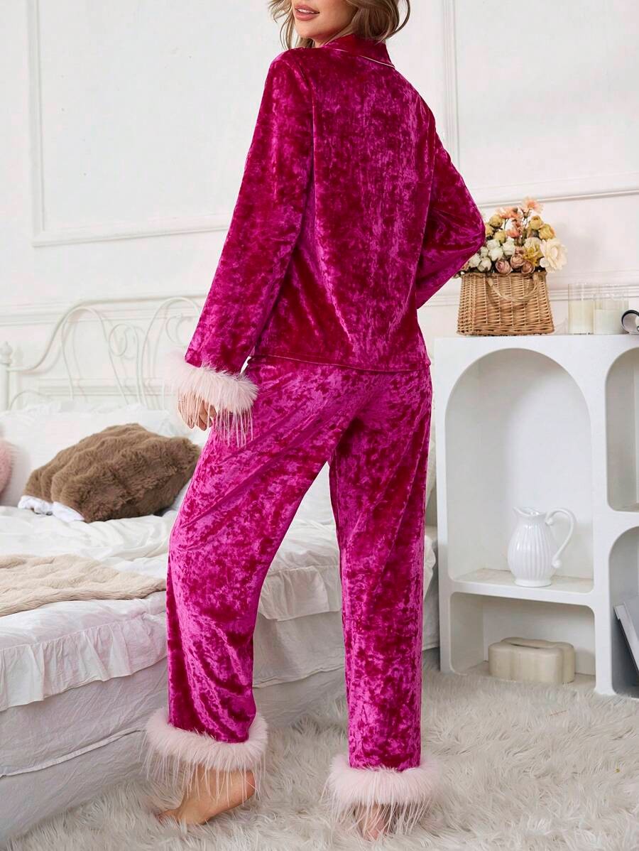 Women's Velvet Pajama Set, Hot Pink Button-Down Top and Wide Leg Pants with Fluffy Trim, Hot Pink, view 3