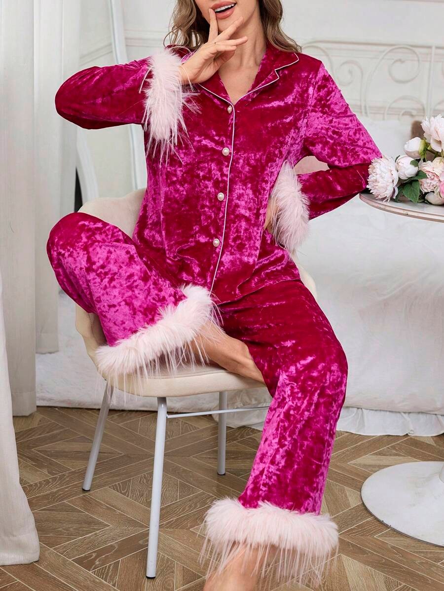 Women's Velvet Pajama Set, Hot Pink Button-Down Top and Wide Leg Pants with Fluffy Trim, Hot Pink, view 4
