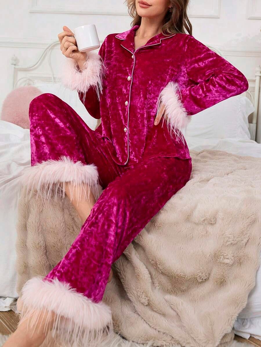 Women's Velvet Pajama Set, Hot Pink Button-Down Top and Wide Leg Pants with Fluffy Trim, Hot Pink, view 6