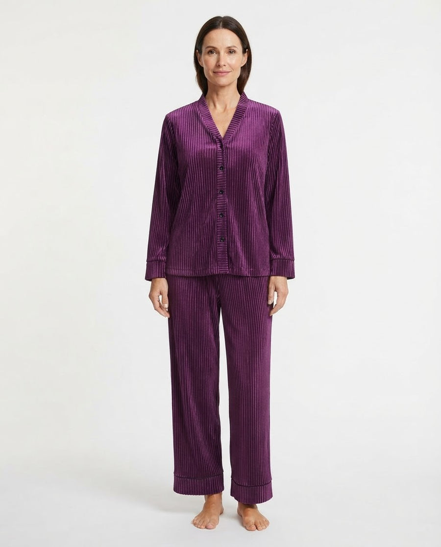 Women's Velvet Pajama Set, Ribbed Long Sleeve Button-Down Top and Wide Leg Pants with Piping, Purple