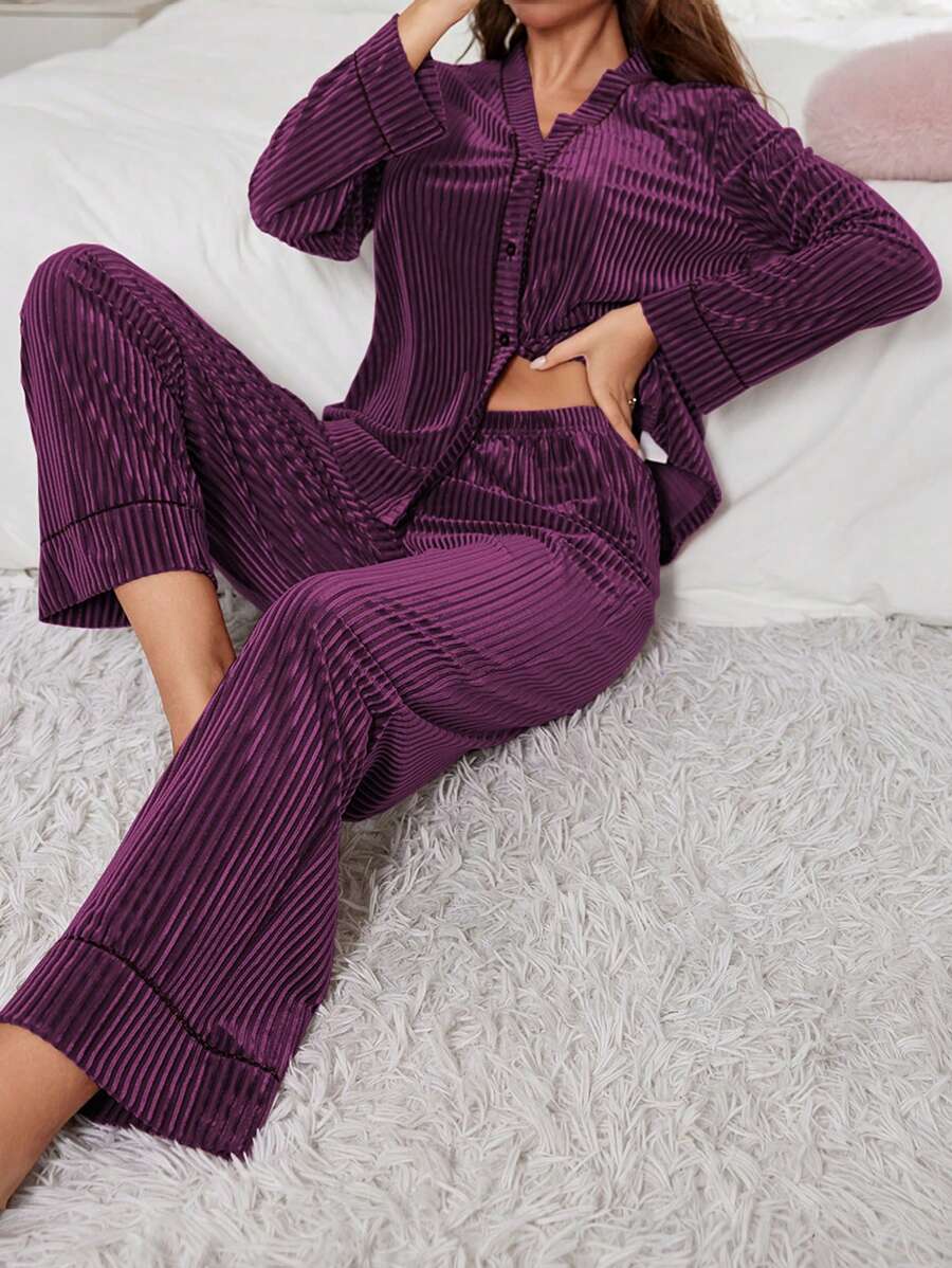 Women's Velvet Pajama Set, Ribbed Long Sleeve Button-Down Top and Wide Leg Pants with Piping, Purple
