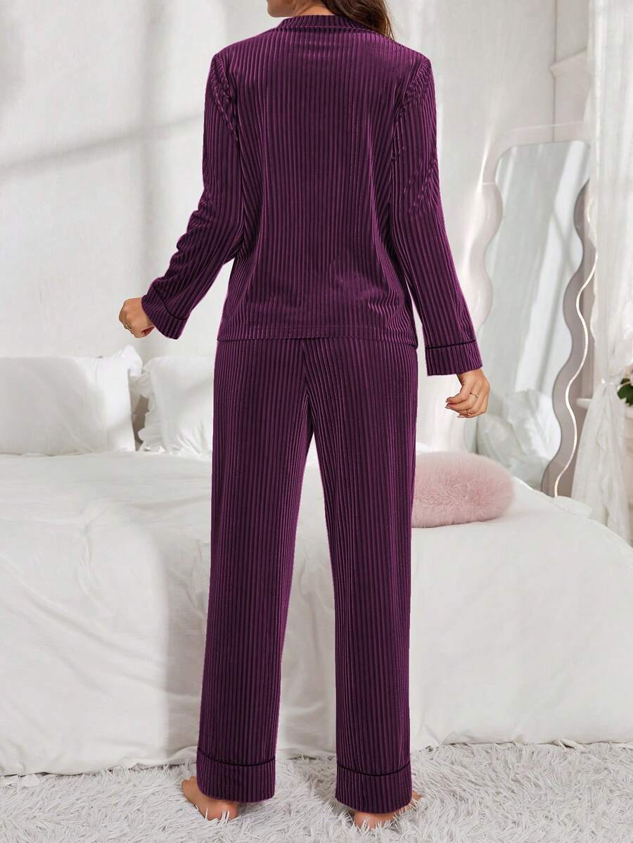 Women's Velvet Pajama Set, Ribbed Long Sleeve Button-Down Top and Wide Leg Pants with Piping, Purple, view 2
