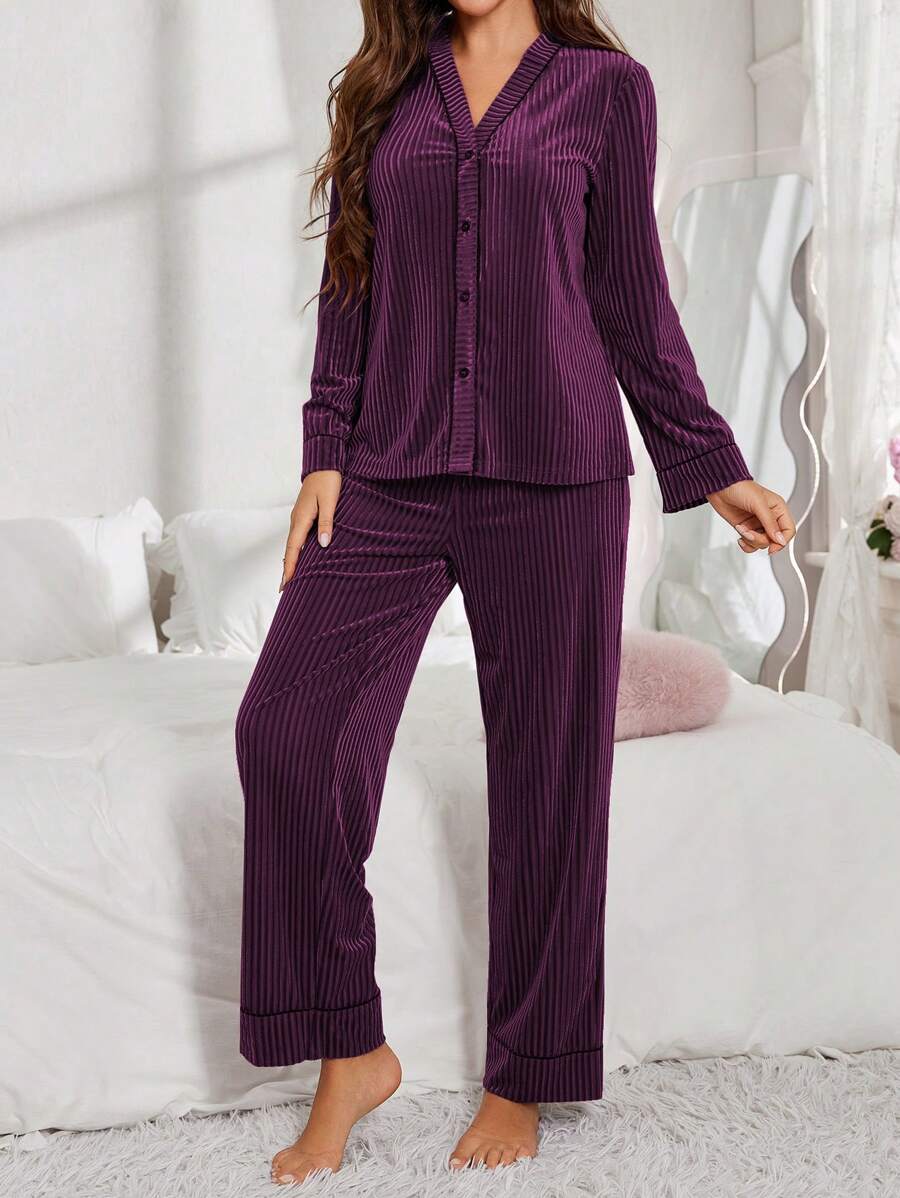Women's Velvet Pajama Set, Ribbed Long Sleeve Button-Down Top and Wide Leg Pants with Piping, Purple, view 3