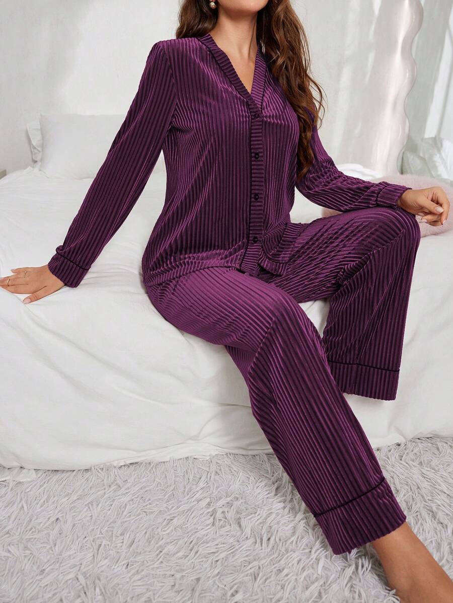 Women's Velvet Pajama Set, Ribbed Long Sleeve Button-Down Top and Wide Leg Pants with Piping, Purple, view 4