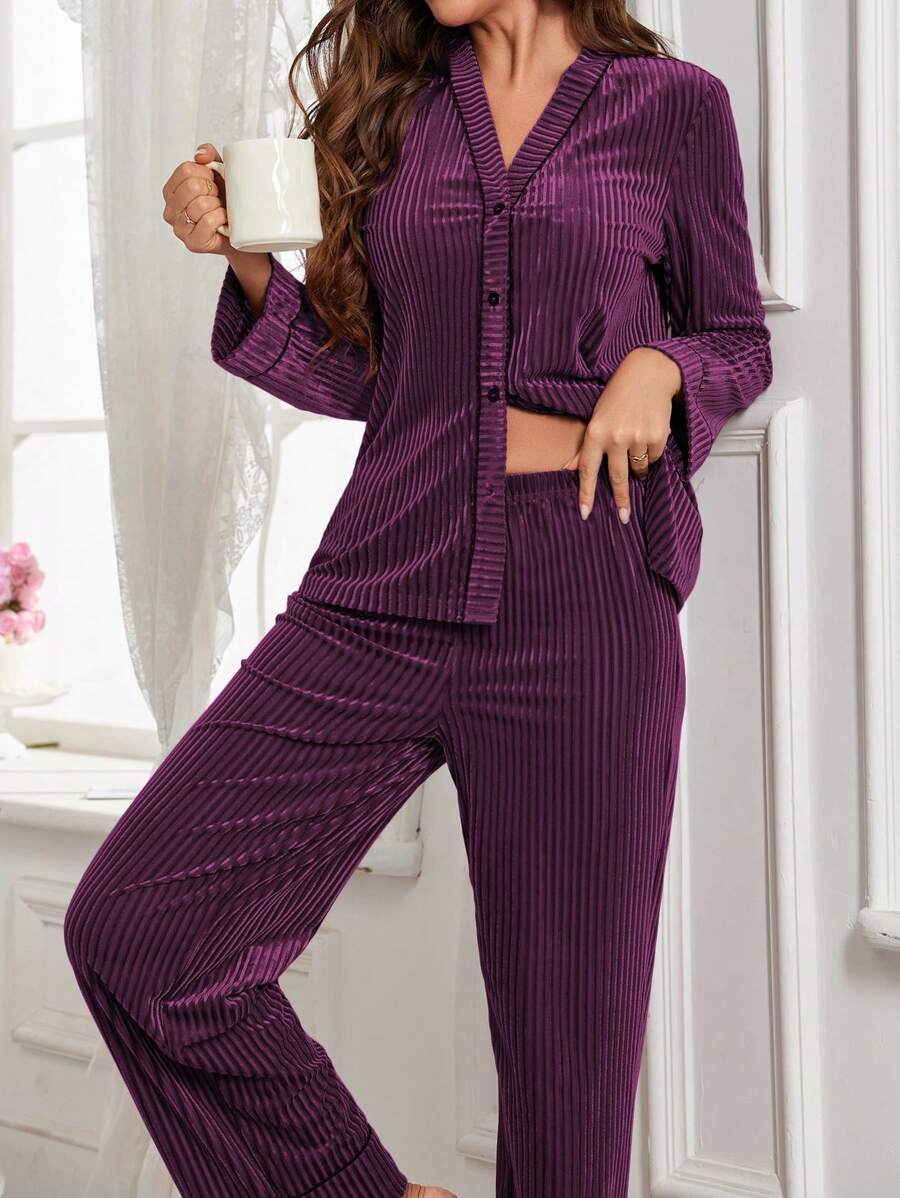 Women's Velvet Pajama Set, Ribbed Long Sleeve Button-Down Top and Wide Leg Pants with Piping, Purple, view 6