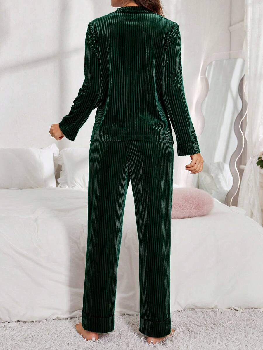 Women's Velvet Pajama Set, Ribbed Long Sleeve Button-Down Top and Wide Leg Pants with Piping, Green, view 8