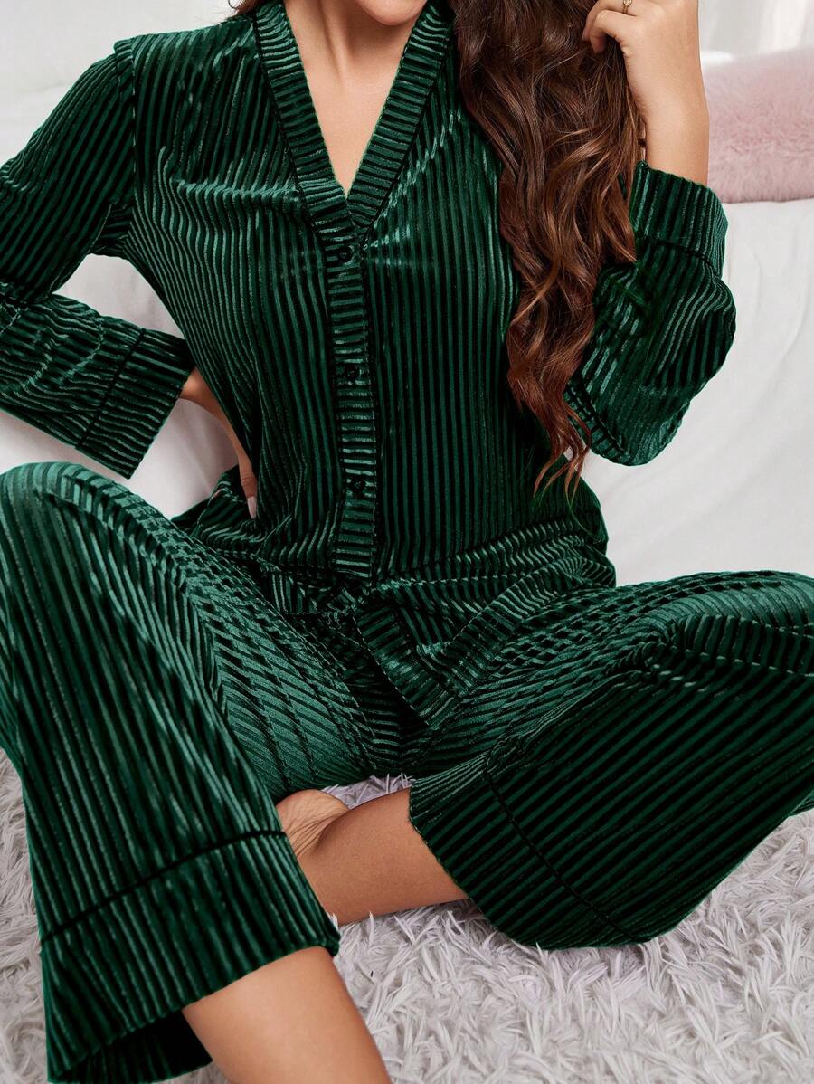 Women's Velvet Pajama Set, Ribbed Long Sleeve Button-Down Top and Wide Leg Pants with Piping, Green, view 9