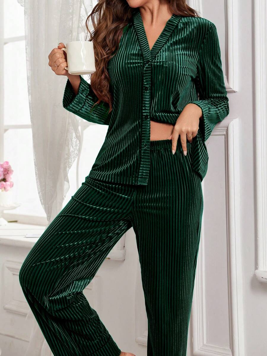 Women's Velvet Pajama Set, Ribbed Long Sleeve Button-Down Top and Wide Leg Pants with Piping, Green, view 10
