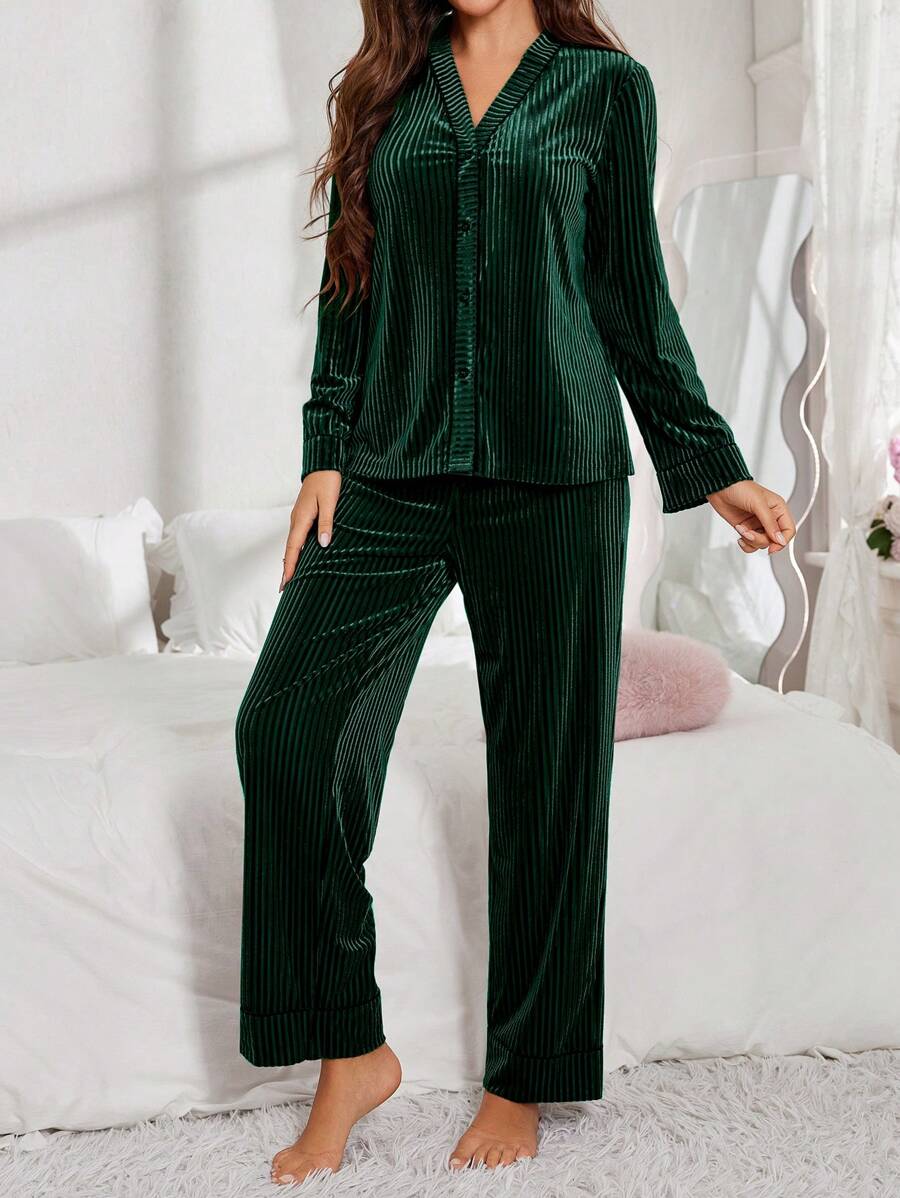 Women's Velvet Pajama Set, Ribbed Long Sleeve Button-Down Top and Wide Leg Pants with Piping, Green, view 11