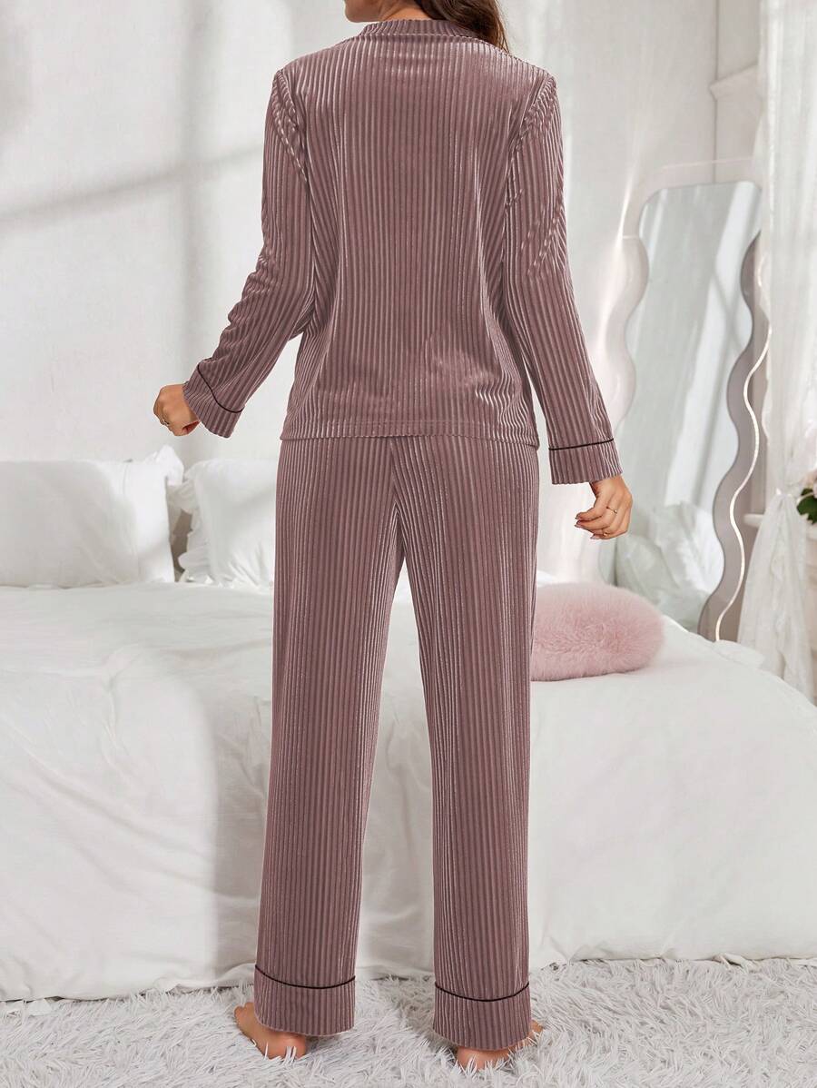 Women's Velvet Pajama Set, Ribbed Long Sleeve Button-Down Top and Wide Leg Pants with Piping, Pink, view 14