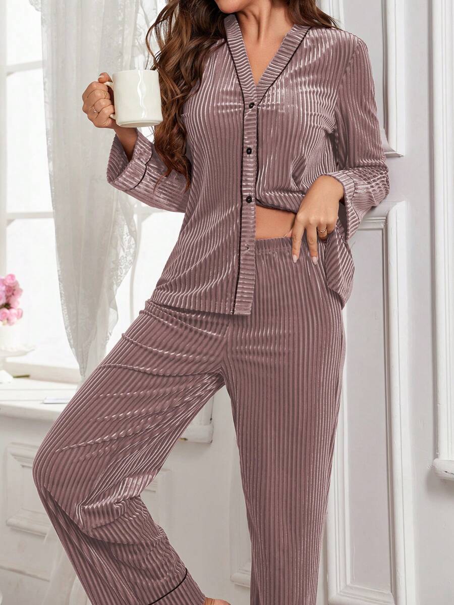 Women's Velvet Pajama Set, Ribbed Long Sleeve Button-Down Top and Wide Leg Pants with Piping, Pink, view 15