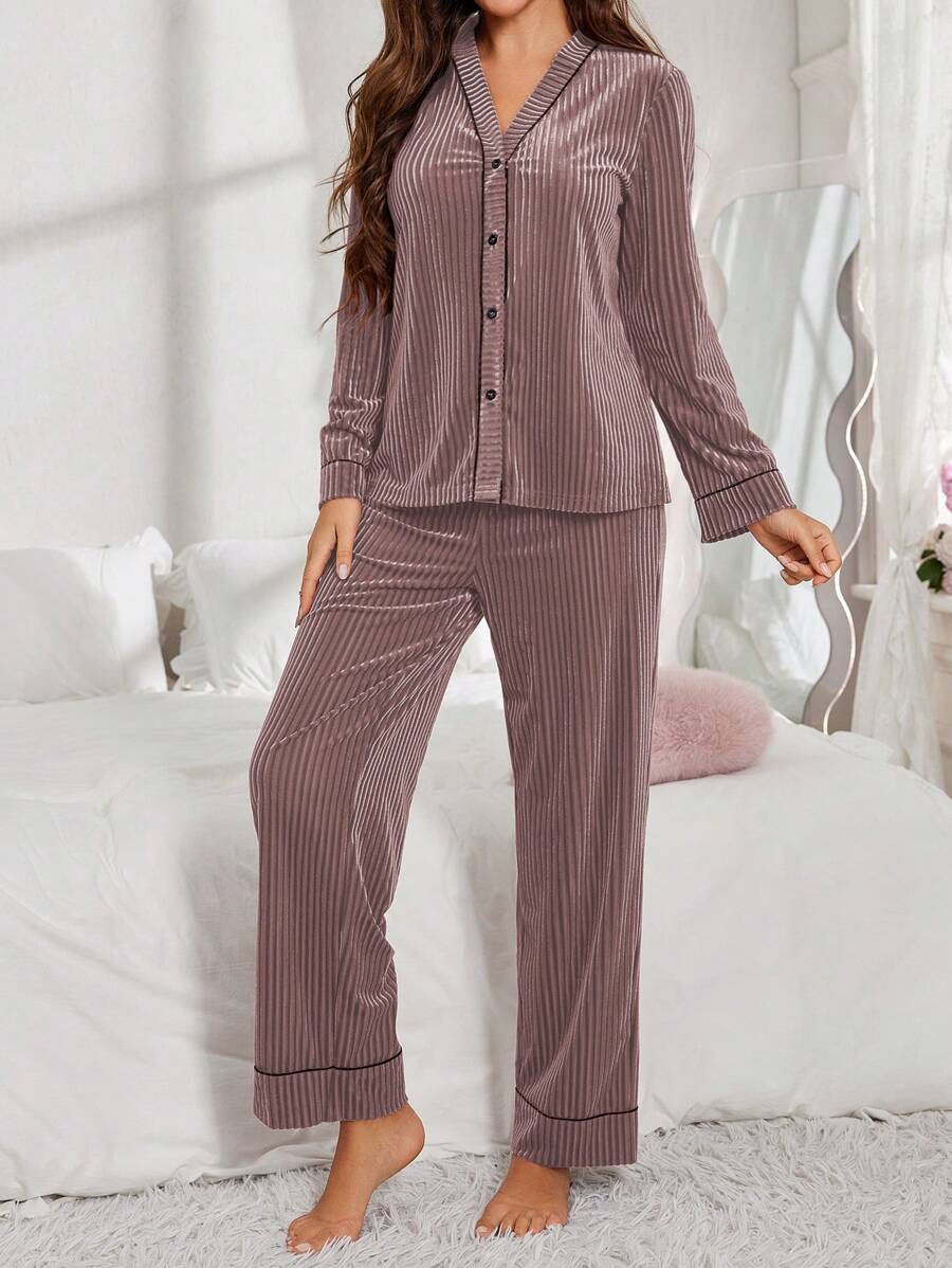 Women's Velvet Pajama Set, Ribbed Long Sleeve Button-Down Top and Wide Leg Pants with Piping, Pink, view 17