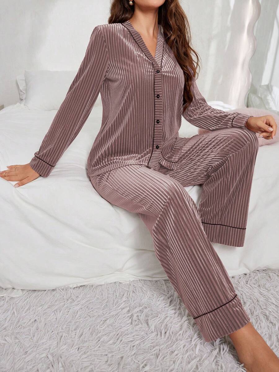 Women's Velvet Pajama Set, Ribbed Long Sleeve Button-Down Top and Wide Leg Pants with Piping, Pink, view 18