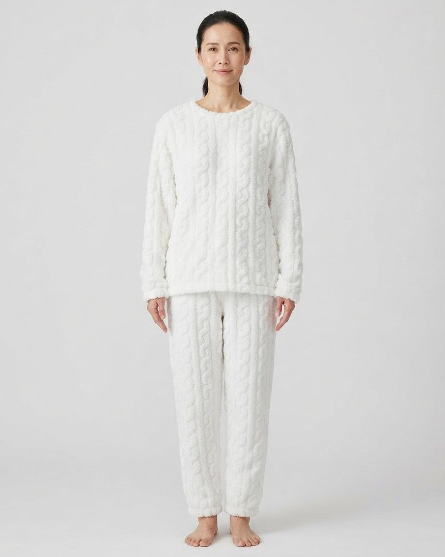 Women's Winter Pajama Set, Cream White Fuzzy Plush Cable Jacquard Top and Jogger Pants, White