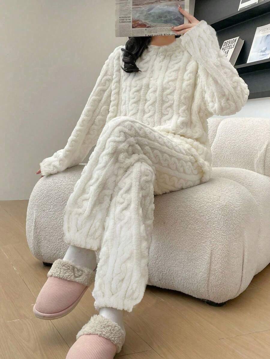 Women's Winter Pajama Set, Cream White Fuzzy Plush Cable Jacquard Top and Jogger Pants, White
